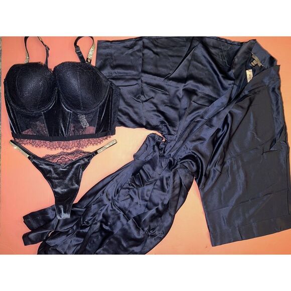 Victoria's Secret LONGLINE 34D,36D BRA SET CORSET+ROBE VELVET Velour NAVY BLUE - Picture 1 of 11